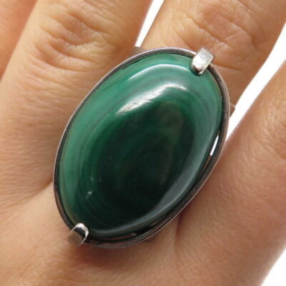 925 Sterling Silver Vintage Real Malachite Oxidized Adjustable Ring